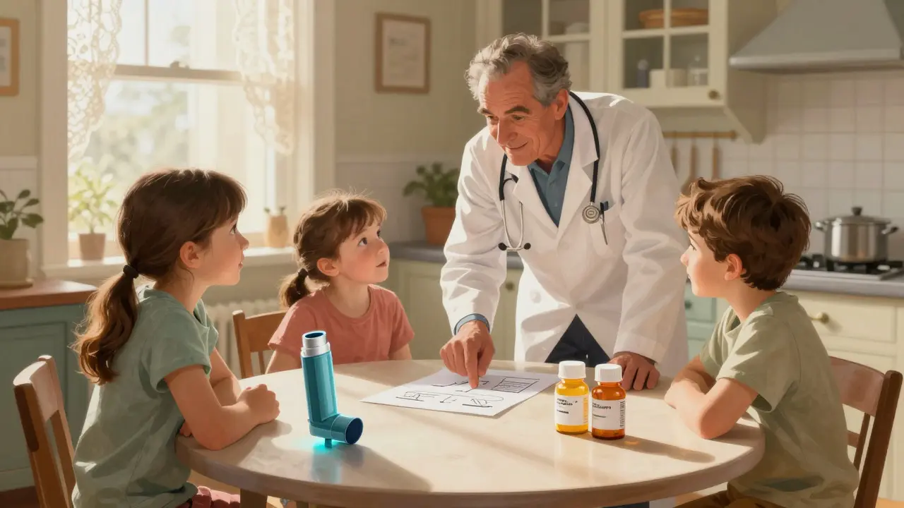 Rockwell-style art showing a family discussing the cost difference between combination inhalers and separate pill bottles.