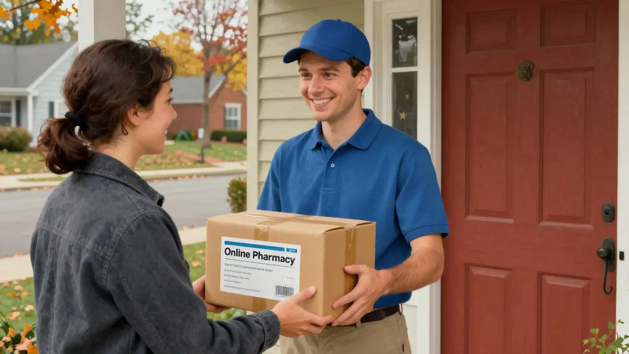 Smiling customer receiving safe medication delivery package