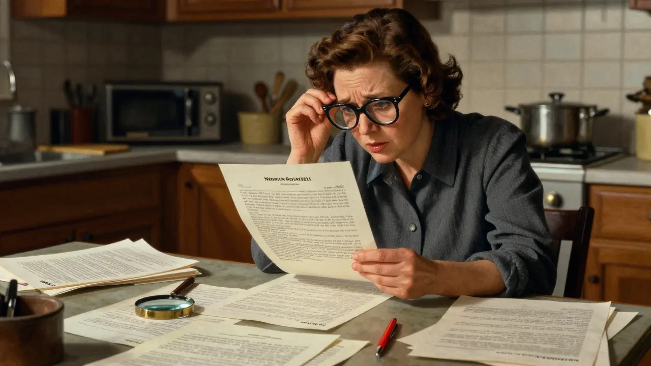 Woman examining documents with a magnifying glass to check for pharmacy scams
