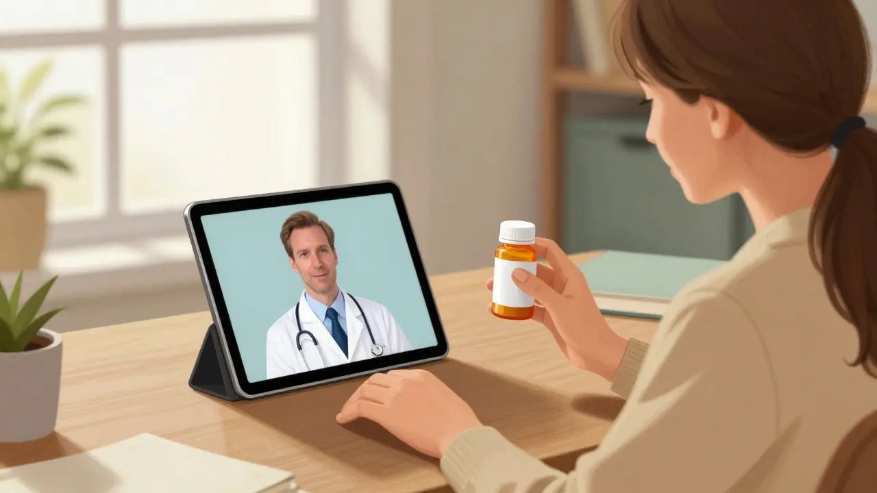 Woman having telehealth video consultation for medication