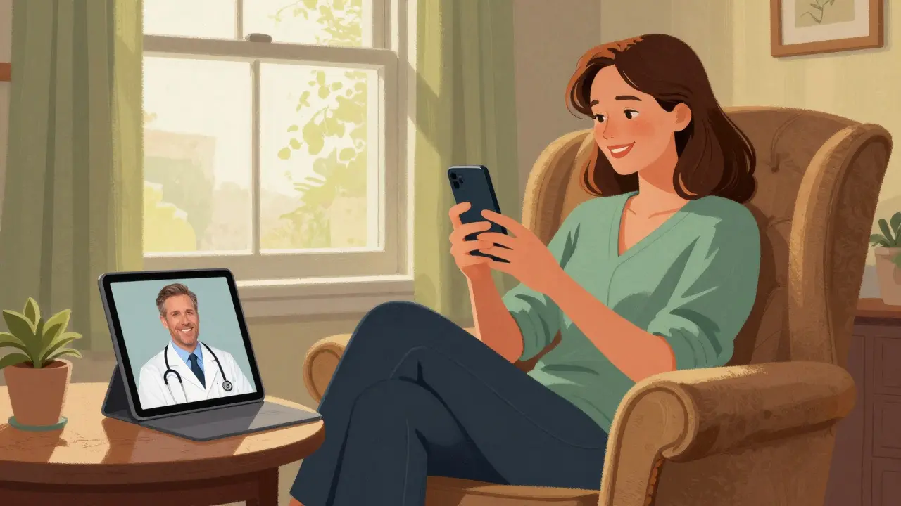 Woman using smartphone for virtual doctor consultation
