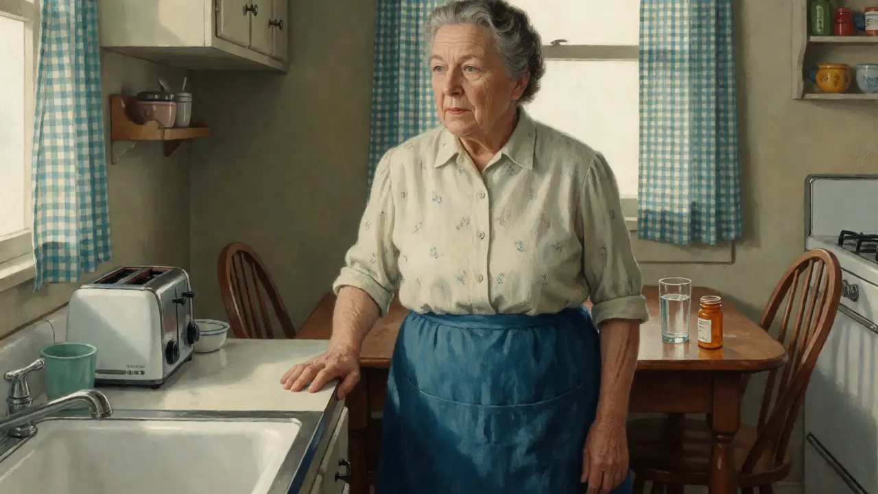 An older woman grimaces in pain at her heel in a retro-style kitchen scene.