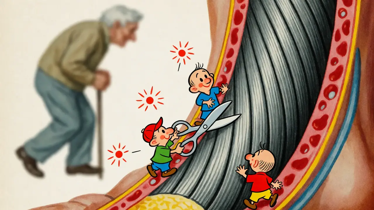 Cartoon depiction of enzymes damaging tendon collagen fibers in a stylized anatomy view.
