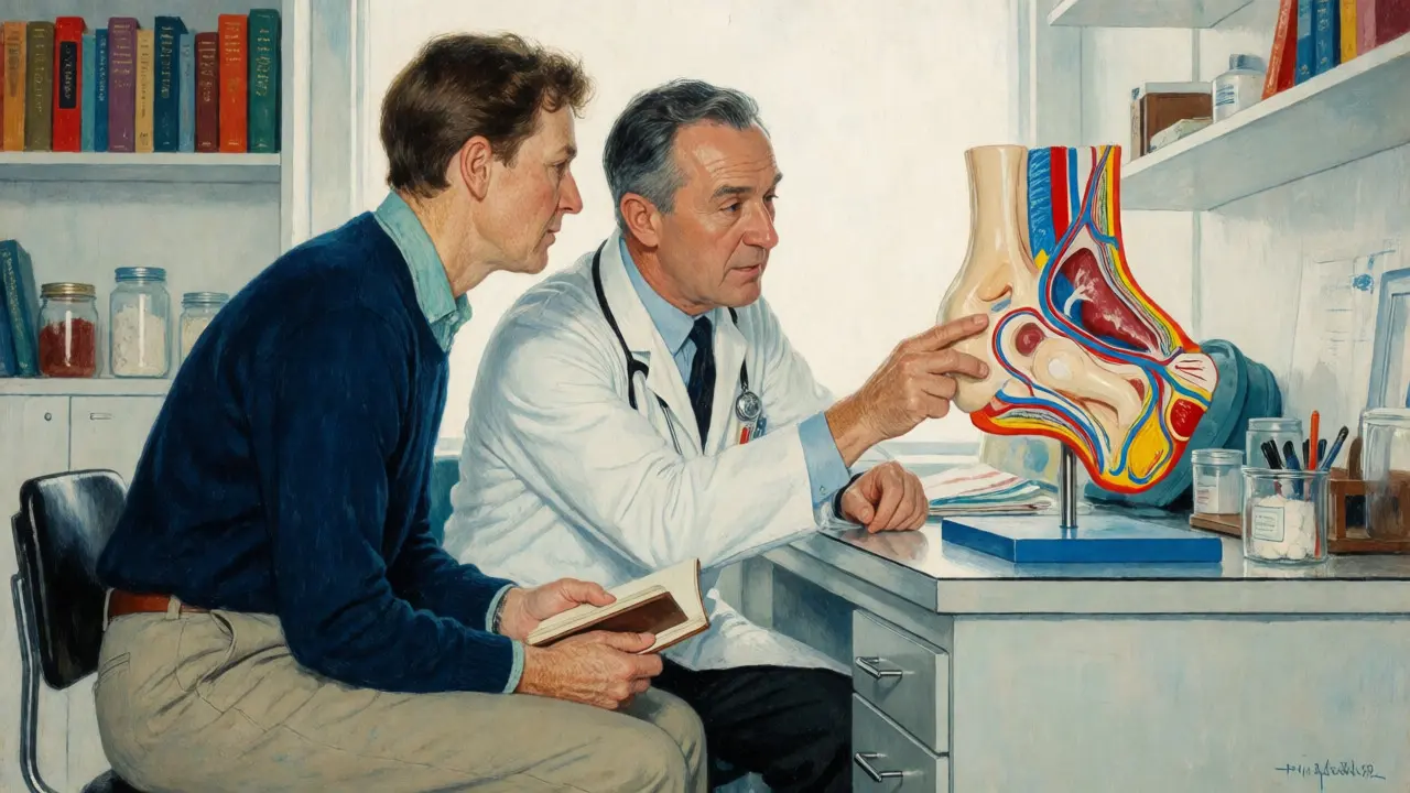 Doctor explaining anatomy to a patient in a clinic office, illustrative style