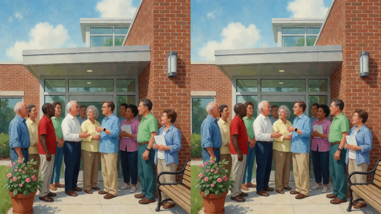 Group of patients outside a clinic wearing smartwatches, hopeful mood